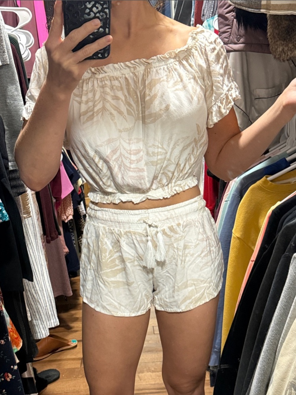 Beach Outfit White & Beige Tropical Off-Shoulder Crop Top and Shorts Set